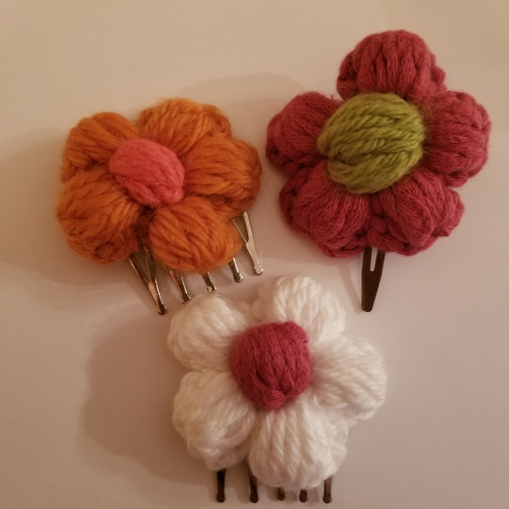 3 hand crocheted hair flowers